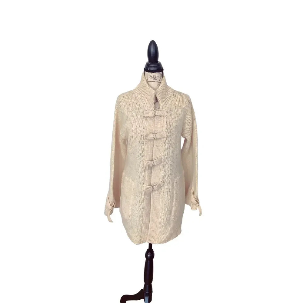 Rossana‎ 100% Virgin Wool Oatmeal Ivory High Neck Long Cardigan Knit Sweater S